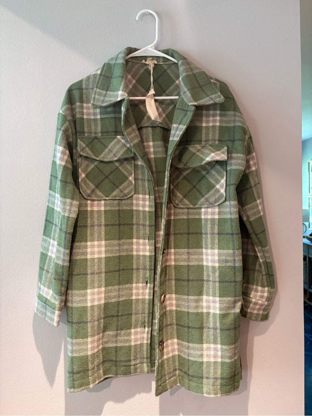 HEM & THREAD | Women's Large Green Plaid Button Front Shirt Shacket Wool Blend